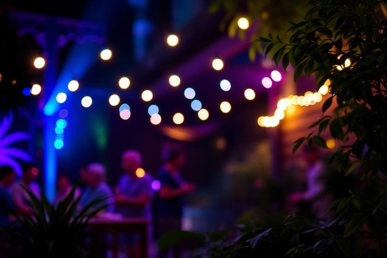 People mingling in a garden at dusk